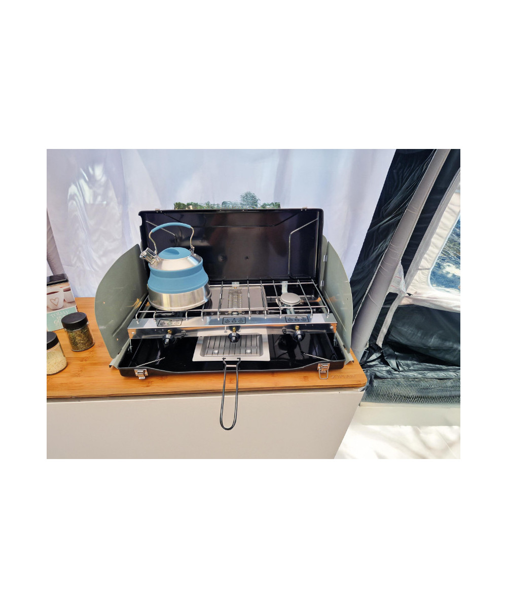 Soplair/Incasa 2-burner gas stove with grill/toaster - foldable case